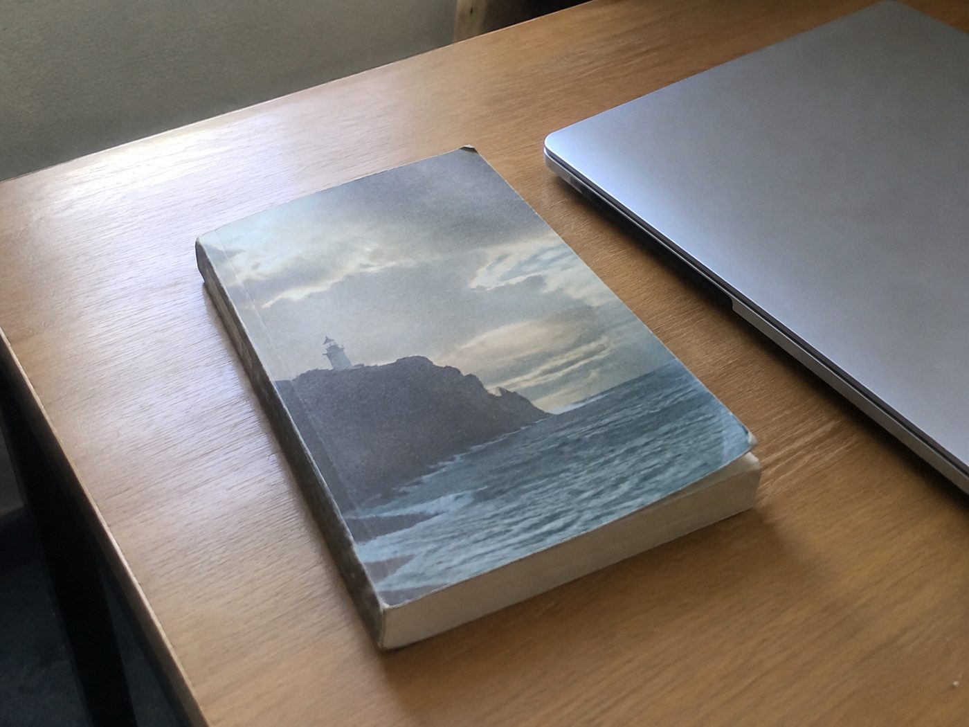 the paperback of the book resting on a plain wood desk beside a closed laptop
