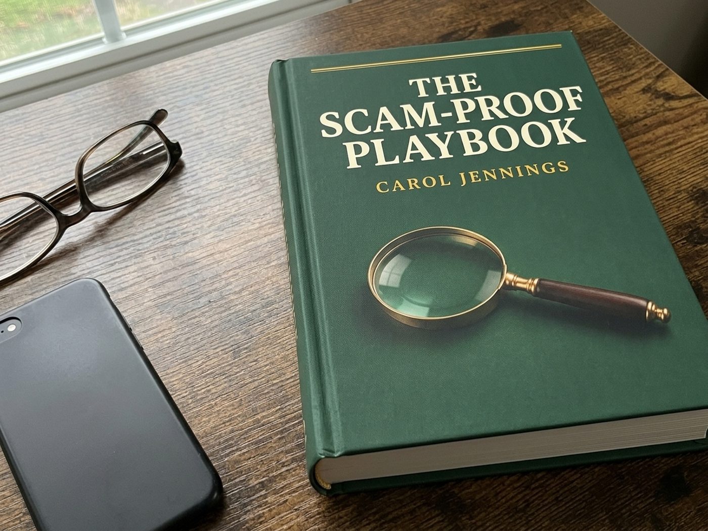 the paperback of the book resting on a plain wood desk beside a closed laptop